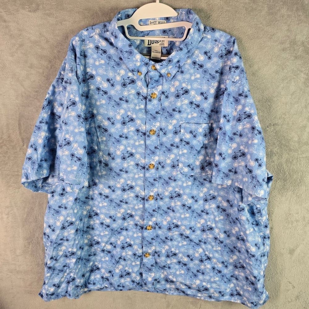 Duluth Trading Co Untucked Shirt Mens 3XL Blue Bicycle Print Short Sleeve Cotton